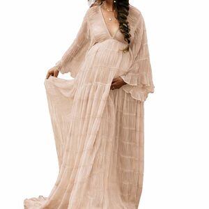 Boho Champagne Maternity Photoshoot Dress | Tulle Tiered Maxi Gown
